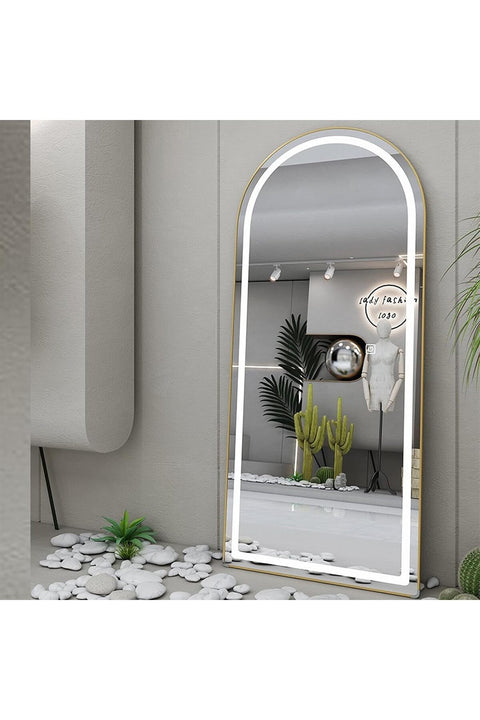 63"x24" Arched Full Length Mirror with Lights, Floor Mirror Full Length with Stands, Free Standing/Wall Mounted/Leaning Full Body Arched Mirrors (Gold, 160x60cm)