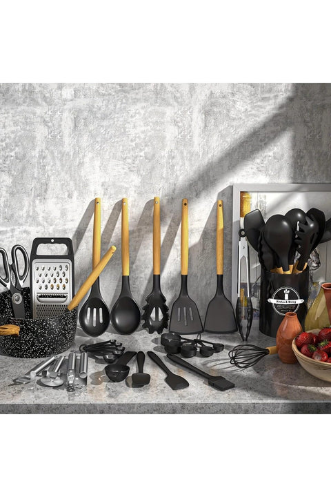 35Pcs Silicone Cooking Utensils Set, Kitchen Utensils Set, Chef Heat Resistant Kitchen Utensil Spatula Set for Nonstick Cookware, Wooden Handles Kitchen Gadgets Tools Set (Black)