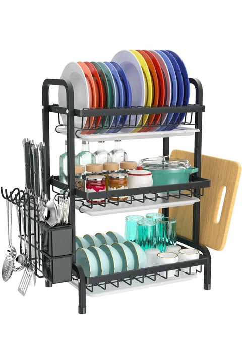 3 Tier Cutlery Drying Rack Large Stainless Steel Adjustable Drainer Set Compact for Kitchen Counter Black