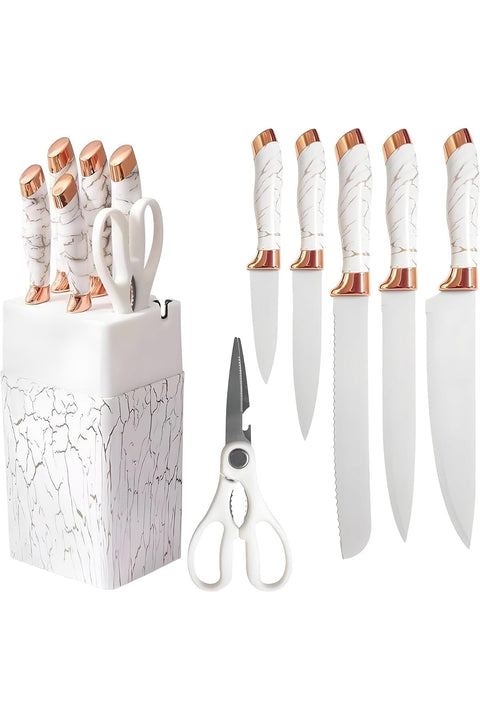 SHOPPING VIBES 7pc Stainless Steel Knife Set for Kitchen with Marble Handles & Knife Holder (White)