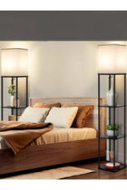FUOE Floor-standing shelf lamp, warm lighting, 3-color LED, smart remote, wood grain, modern, black.