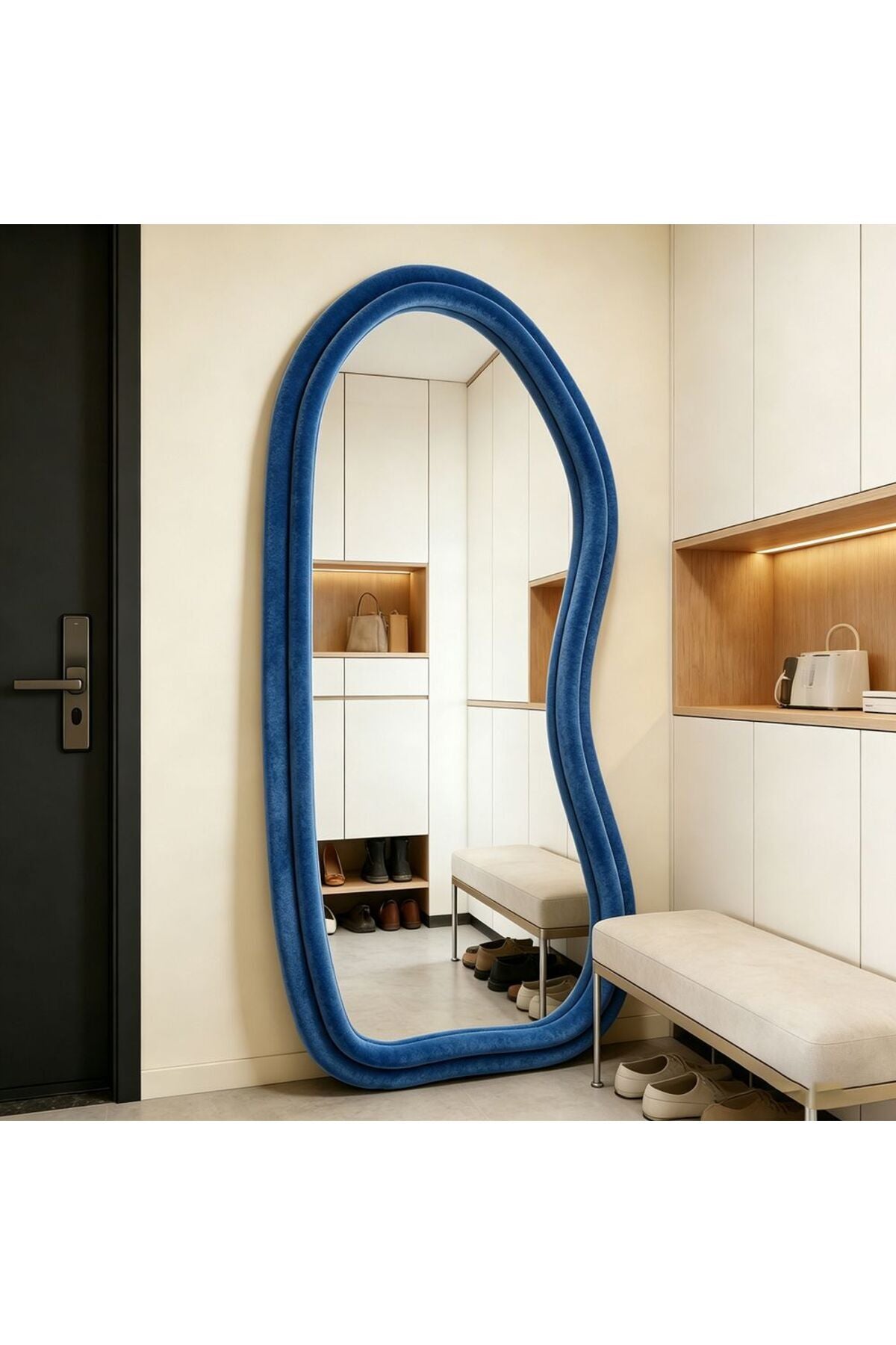 Maple Home Velvet Full Length Mirror, Dark Blue, 70x170cm, Aesthetic Fluffy Irregular Floor Mirror