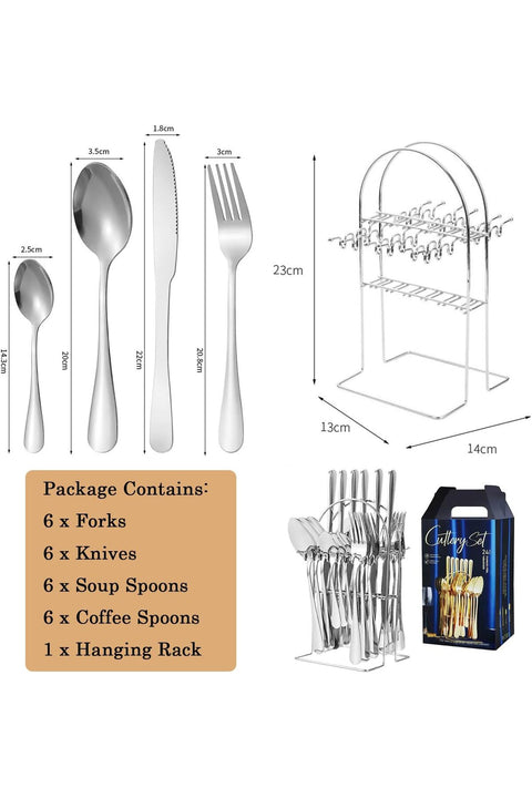 24 Pieces Tableware Set with Holding Stand,Stainless Steel Cutlery Set for 6,Silverware Set with Steak Knives Spoon And Fork,Flatware Utensil Sets for Home Kitchen Restaurant