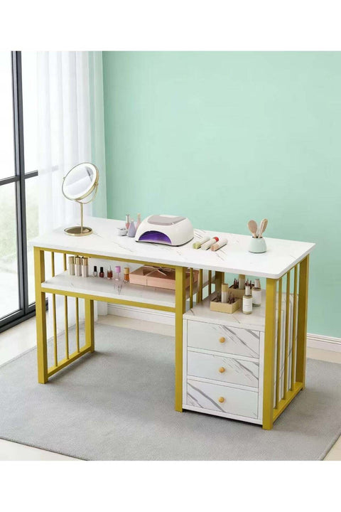 Nail Desk for Tech Salon, Manicure Table with Drawers & Storage Shelf, Professional Nail Technician Workstation, White Marble Finish with Gold Frame, Nail Art Table for Home & Beauty Salon Use(YN128)