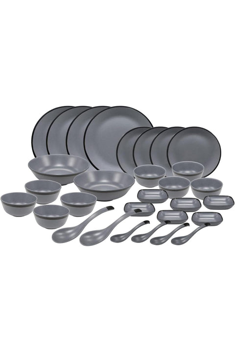 30 Pcs Melamine Dinner Set Grey – Includes 4 Dinner Plates, 4 Side Plates, 4 Soup Bowls, 4 Bowls, 2 Serving Bowls, 6 Sauce Dishes, 2 Serving Spoons & 4 Soup Spoons – Classic Collection.
