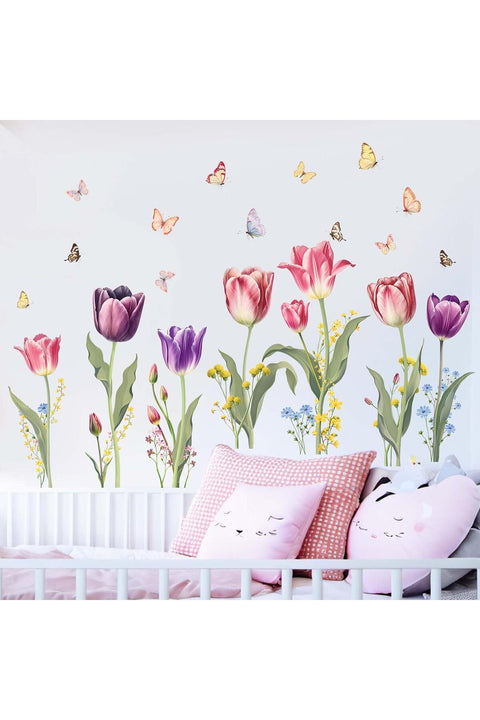 Flower Wall Stickers for Girls Room: Peel and Stick Pink Wildflower Tulip Floral Wall Decals - Baby Nursery Girl Bedroom Living Room Home Art Wall Decor