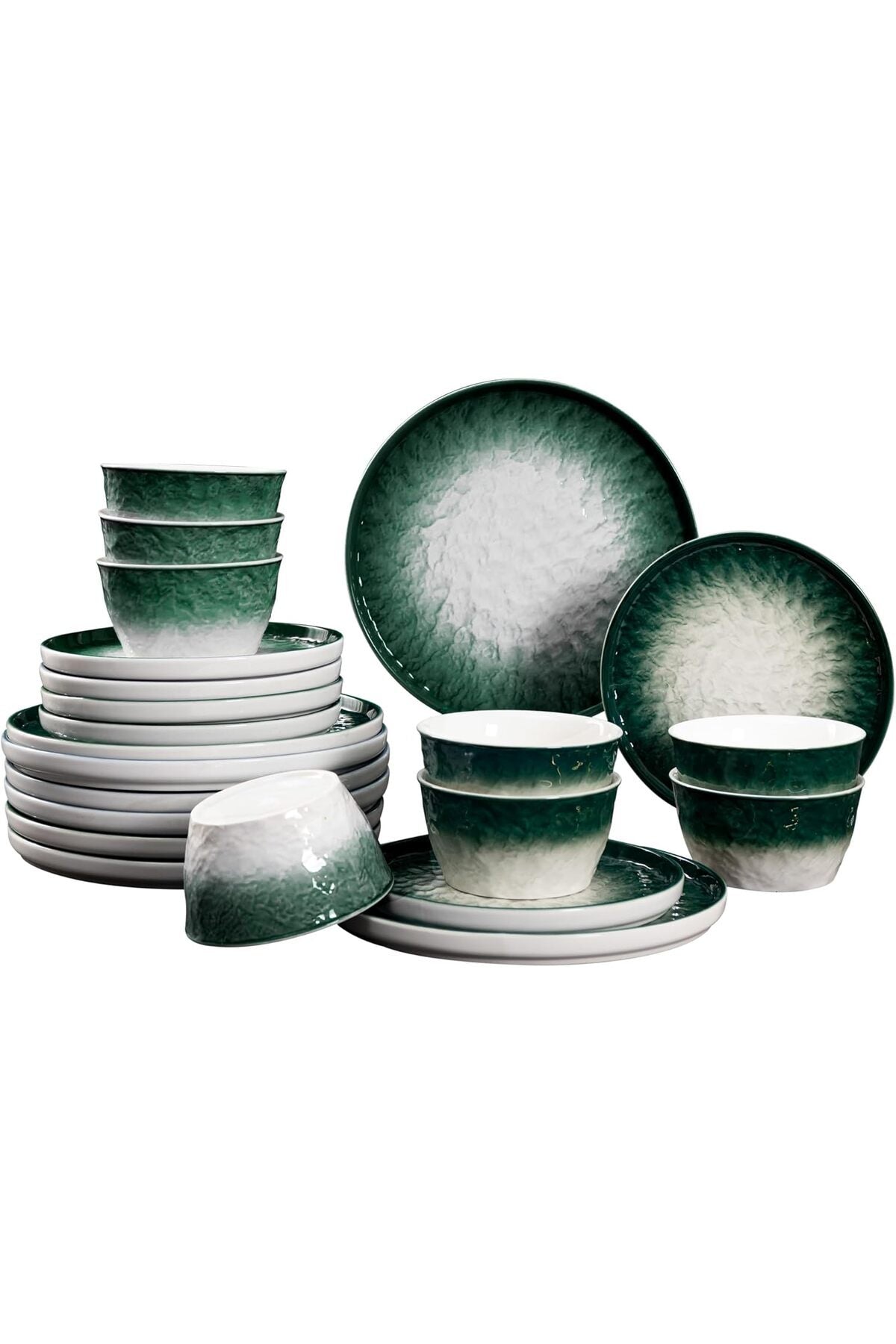 Set of 12 Ombre Green Ceramic Plates and Bowls - Microwave, Dishwasher, Oven Safe Tableware