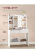 Dressing Table with LED Lights, 9 Bulbs, 3 Light Colours, Adjustable Brightness, Vanity Desk with Mirror, Adjustable Shelves, 2 Drawers, Makeup Desk, Modern White