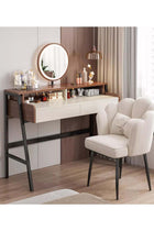 Modern Makeup Vanity Desk with Mirror and Lights, Vanity Table Set with LED Mirror 2 UK Plug+2 USB Dressing Table With Drawers, Bedroom Dresser LED Mirror Dressing Table for Bedroom Brown