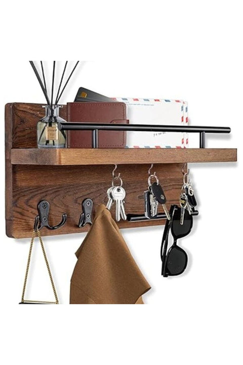 Wall Mounted Key Holder With 2 Hooks, A Hanger Bar And A Rack On Natural Wood Board