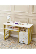 Nail Desk for Tech Salon, Manicure Table with Drawers & Storage Shelf, Professional Nail Technician Workstation, White Marble Finish with Gold Frame, Nail Art Table for Home & Beauty Salon Use(YN128)