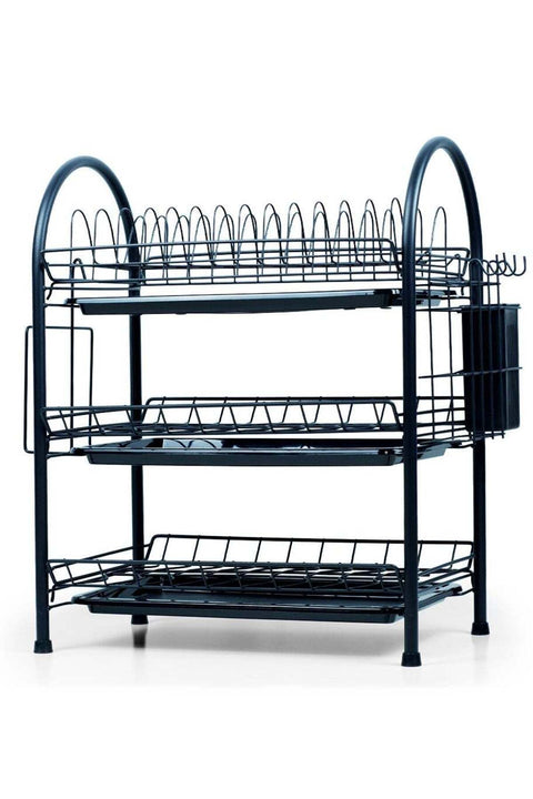 Beram 3-Tier Dish Rack, Kitchen Organiser, Utensils Drying Stand with Drip Tray, Knife Holder, Cutting Board Holder, Large Capacity, Rust-Proof, Black