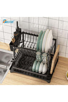 2 Tier Foldable Dish Drying Rack with Utensil Holder & Cutting Board Holder & Drainboard Tray, Rotatable Drainage System Scratch Resistant Frosted Baking Process Coatings, Large Black