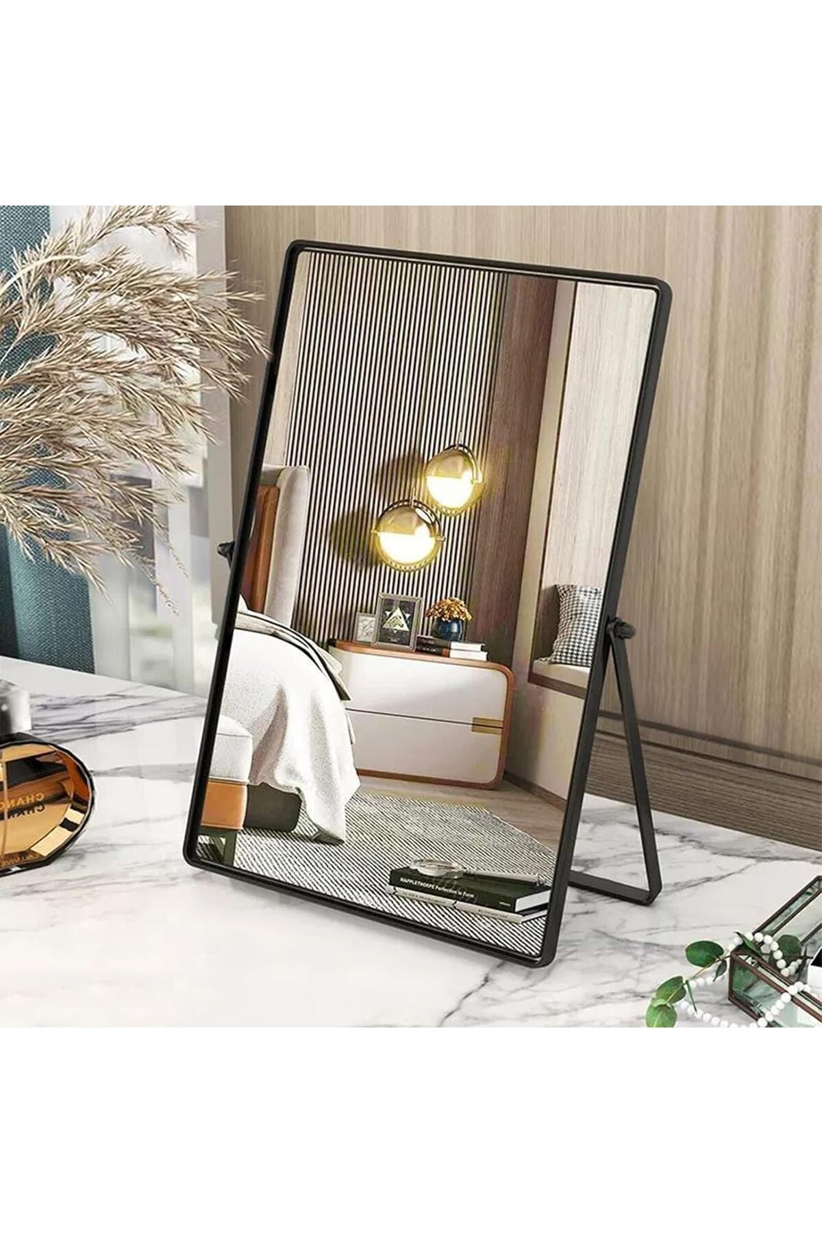 Black Table Mirror - Portable Vanity Metal Framed Rectangular Desk Mirror with Stand for Bedroom, Living Room, Office - 30x22cm