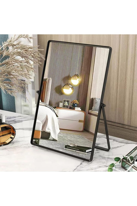 Black Table Mirror - Portable Vanity Metal Framed Rectangular Desk Mirror with Stand for Bedroom, Living Room, Office - 30x22cm