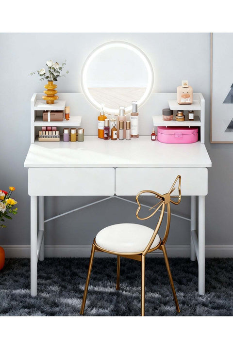 Simple Makeup Vanity Dressing Table, Steel Leg Small White Table with Shelf, Drawer, Mirror and Led Light for Bedroom and Small Space (RJ80CK, 80 * 40cm)