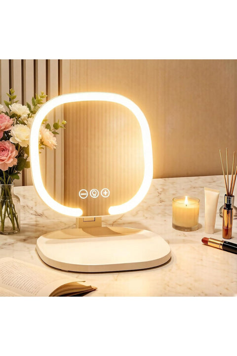 LED Makeup Mirror 3 Color Lighting Touch Control Rechargeable Vanity Mirror Cosmetic Mirror for Bedroom Bathroom with Storage Tray, 90° Rotation Travel, or as a Gift.