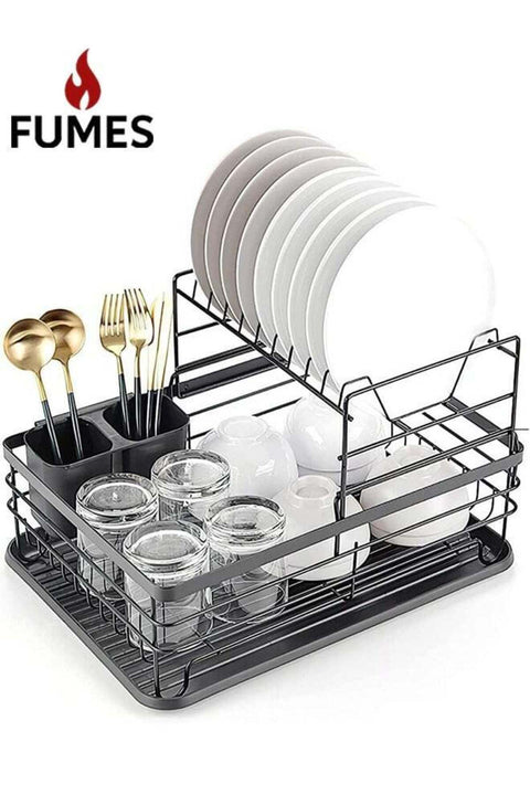 2-Tier Dish Drying Rack with Cutlery Holder and Drain Board - Space Saving Kitchen Organizer for Plates, Cups, Bowls, and Utensils