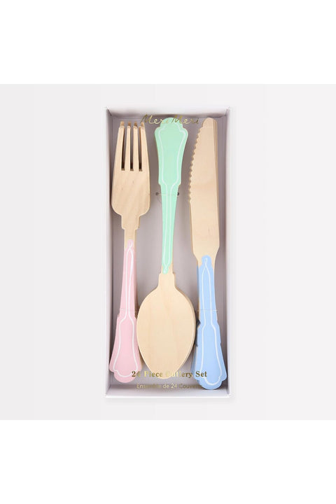 Elegant Mixed Colour Wooden Cutlery Set – Pack of 24 Birch Wood Utensils in Pastel Blue, Pink & Mint