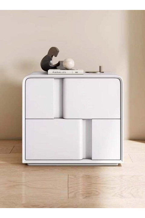 Multipurpose Use Italian Luxury Creative Leather Wrapped Nightstand Household Bedside Table Bedroom Storage Box Round Corner Spacious Tabletop Side Table with 2 Drawers 50x40x48 cm (Fully Assembled)