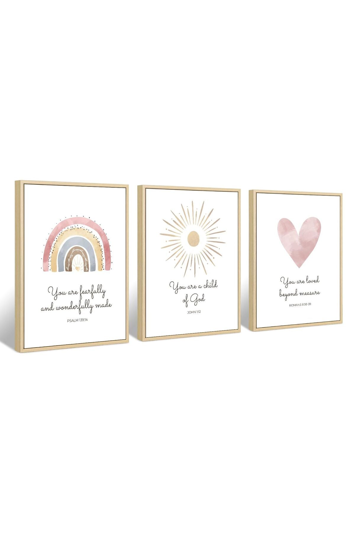 Boho Nursery Wall Art 3 Pieces Bible Verse Nursery Art Christian Girls Nursery Wall Art Heart Rainbow Sun Nursery Art Print Boho Sunshine Nursery Decor for Girl Baby Kid Room Decor 12x16 Inch FRAMED