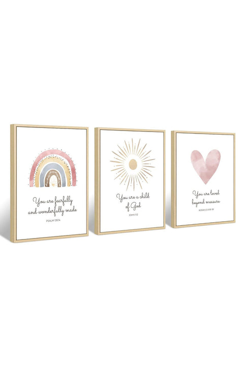 Boho Nursery Wall Art 3 Pieces Bible Verse Nursery Art Christian Girls Nursery Wall Art Heart Rainbow Sun Nursery Art Print Boho Sunshine Nursery Decor for Girl Baby Kid Room Decor 12x16 Inch FRAMED