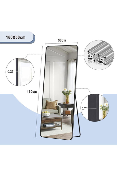 Full Length Mirror, 160x50cm Floor Standing Mirror with Stand for Bedroom, Hanging Mounted Mirror for Living Room (Black, 160x50cm (63"x19.7"))