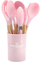 12PCS Kitchen Utensil Set Silicone Cooking Utensils Kit Spatula Heat Resistant Wooden Spoons Gadgets Tool for Non-Stick Cookware (Pink)