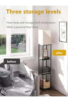 FUOE Floor-standing shelf lamp, warm lighting, 3-color LED, smart remote, wood grain, modern, black.