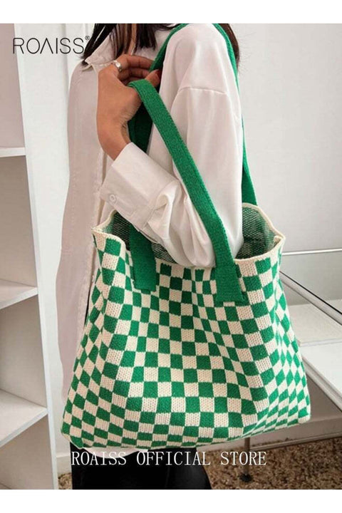 Women Checkered Knitted Bag, Large Capacity Shoulder Bag, Stylish Casual Hobo Bag for Ladies, Ideal for Dating, Shopping and Everyday Use