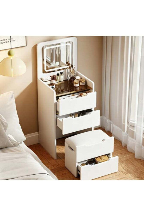 -Long Bedroom Dresser, Makeup Vanity Table, Vanity Desk with LED Mirror and Stool, Dressing Table with Chair, Makeup Tables with Cabinet, White Bedroom Bedside Table for Women Girls, SZZ007