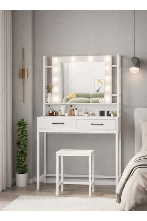 Makeup Vanity with Multiple Shelves and Drawers White
