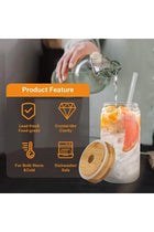 HOOJO Drinking Glasses with Bamboo Lids and Glass Straw 4pcs Set - 16oz Can Shaped Glass Cups, Iced Coffee Glasses, Cute Tumbler Cup, Ideal for Mocktails & Cocktails, Gift - 2 Cleaning Brushes (4)