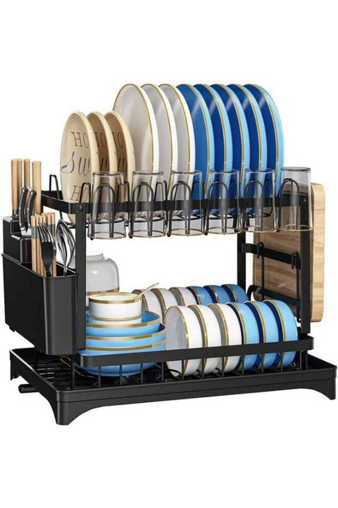 SKY-TOUCH 2 Tier Dish Rack Dish Drying Rack, Utensil Drying Stand with Holder Cutting Board Drainboard Tray, Collapsible Rust-Resistant Plate Holder Stand Large Capacity Dish Drainer for Kitchen Black