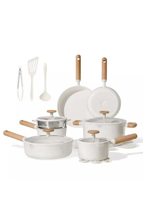 21-Piece Ceramic Nonstick Cookware Set, PFAS-Free, Dual-size Silicone Strainer Lids, Cream