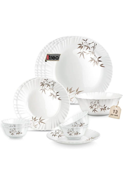 by Milton Opalware Aurelia Arashi Dinner Set of 13 | Serving for 4 | Microwave & Dishwasher Safe | Bone-Ash Free | Tempered Toughness | Plates & Bowls | Crockery Set for Dining & Gifting | White