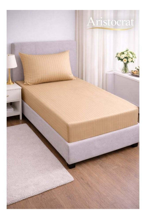 2-Piece Striped Microfiber Fitted Sheet Set Single 90x200cm – Soft Elastic Deep Pocket 17cm Bedsheet with 1 Pillowcase 50x70cm, Beige Microfiber Beige Single