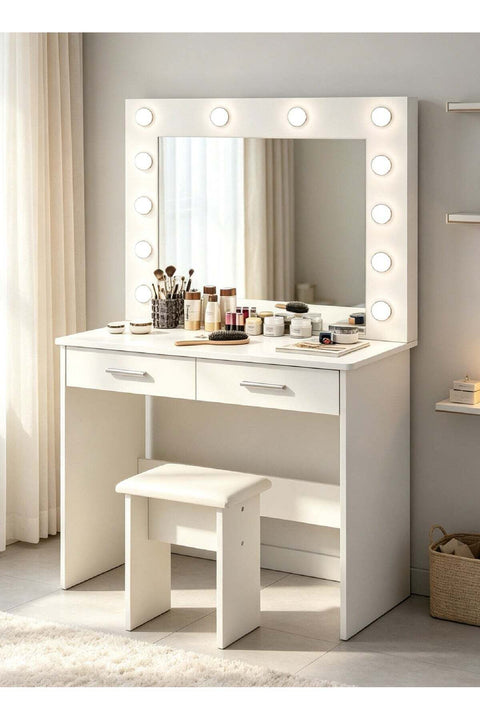 Dressing Table with LED Lights, Vanity Desk with Mirror & Cushioned Stool, Makeup Table with Storage Drawers for Bedroom Apartment