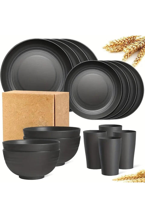 Wheat Straw Dinnerware Set, Unbreakable Plastic Plates Bowls Cups, Lightweight Reusable Tableware for Indoor Outdoor Camping Picnic Travel, Service for 4, 16 Pieces, Black
