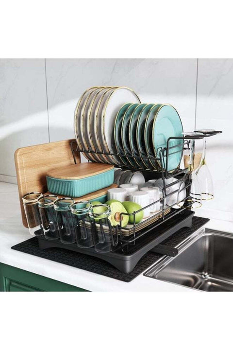 Double Dish Drying Rack, Drying Rack for Kitchen Counter, Stainless Steel Large Dish Strainer with Drainboard Set for Sink, 2 Tier Dish Drainers with Utensil Holder, Cups Holder,Extra Drying