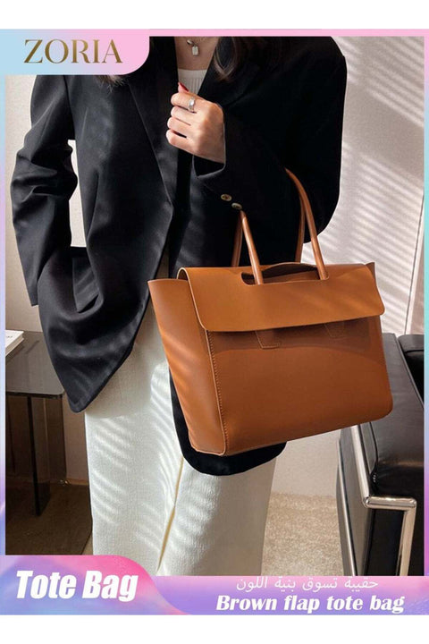 ZORIA Women's PU Leather Flap Tote Bag, Large Capacity Minimalist Shoulder Handbag for Work & University - Brown