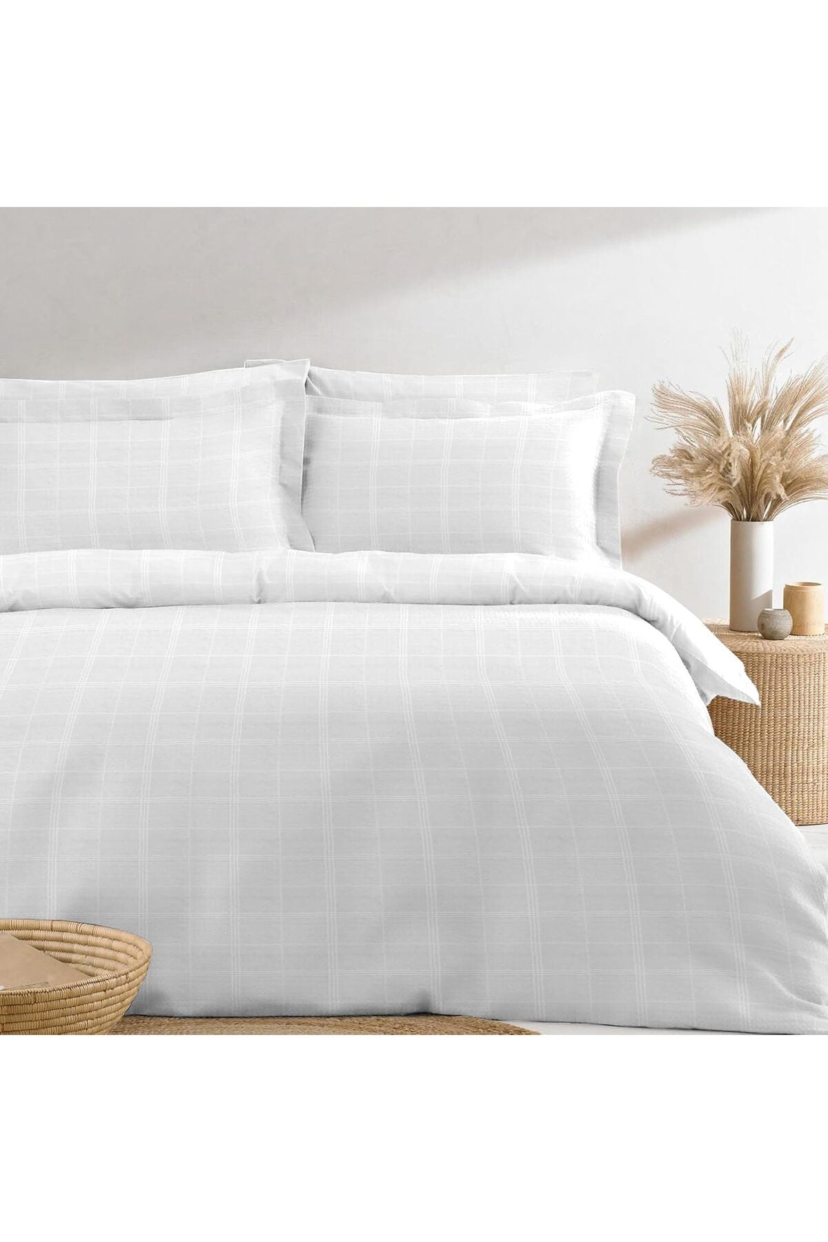 Cotton Checkered Duvet Cover Queen Size 230x220 cm White, 300 TC Long Staple Cotton Sateen Weave