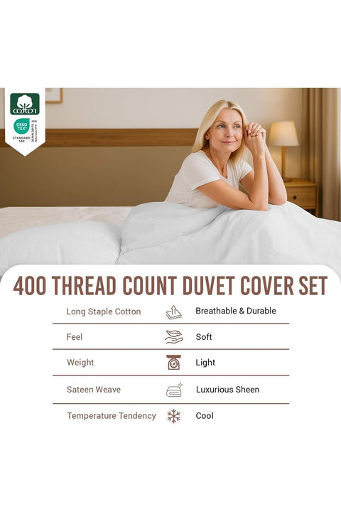 Pure 100% Cotton Double Duvet Cover 200x200 cm White, 400 Thread Count Cool Breathable Long Staple Cotton Sateen Weave Quilt Cover & 2 Pillowcases (White Bedding Set)