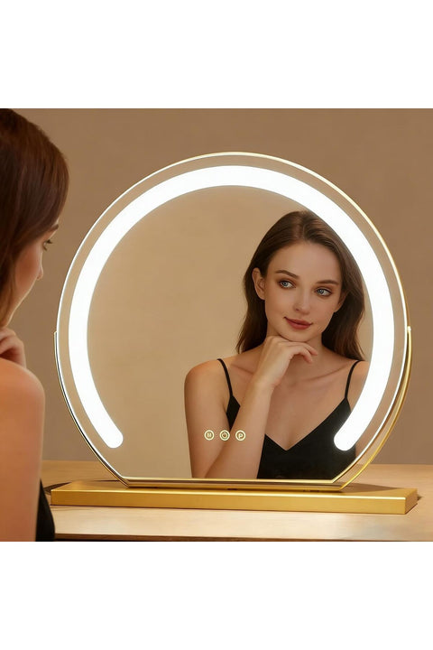 Large Vanity Makeup Mirror with Light, 50x50cm Round LED Vanity Mirror, Rechargeable & Plug-in, 3 Color Lighting, 360° Rotation, Touch Control Makeup Mirror for Desktop (gold)
