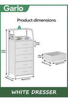 Garlo White Dresser with 5 Drawers, Vertical Storage Tower Fabric Dresser for Bedroom, Hallway, Entryway, Nursery, Closet Organizer, Nightstand Bedside Table Furniture, Sturdy Steel Frame, Wood Top