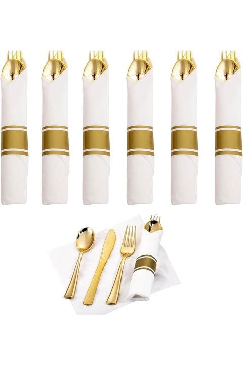 Gold Plastic Cutlery Set, Heavy-Duty Disposable Forks, Spoons and Knives, Pre-Rolled with Napkins, 24 Pack
