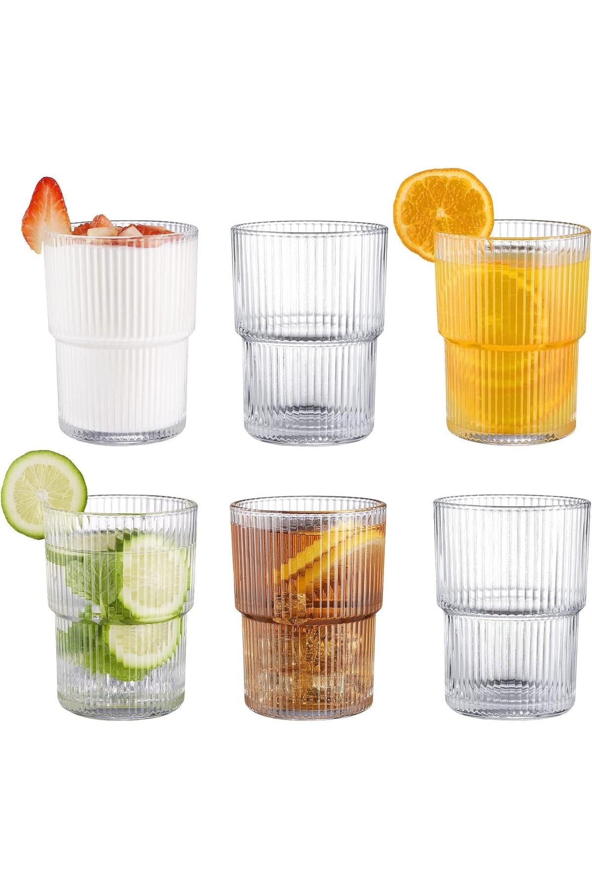 BJMEDYM Ribbed Glassesware 14 Oz Ripple Drinking Glasses Iced Coffee Glass Cup Set Of 6