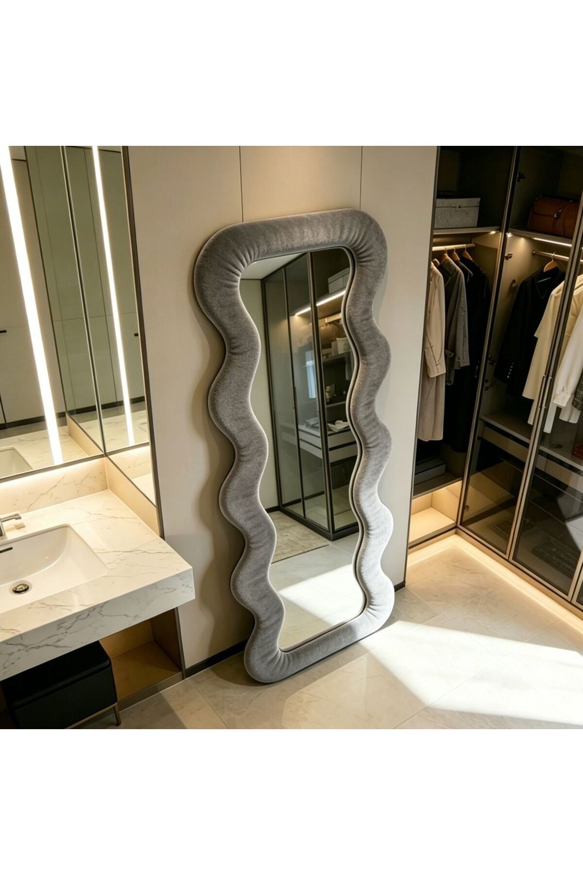 Maple Home Wavy Full Length Mirror Light Gray Velvet 70x170cm Fluffy Irregular Floor Mirror for Bedroom Living Room
