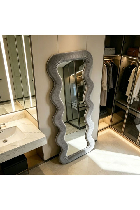 Maple Home Wavy Full Length Mirror Light Gray Velvet 70x170cm Fluffy Irregular Floor Mirror for Bedroom Living Room