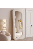 Full Length Mirror 60 * 160cm, Irregular Wavy Mirror, Wave Arched Floor Wall Standing Hanging or Leaning Against for Bedroom, Flannel Wrapped Wooden Frame Mirror-White